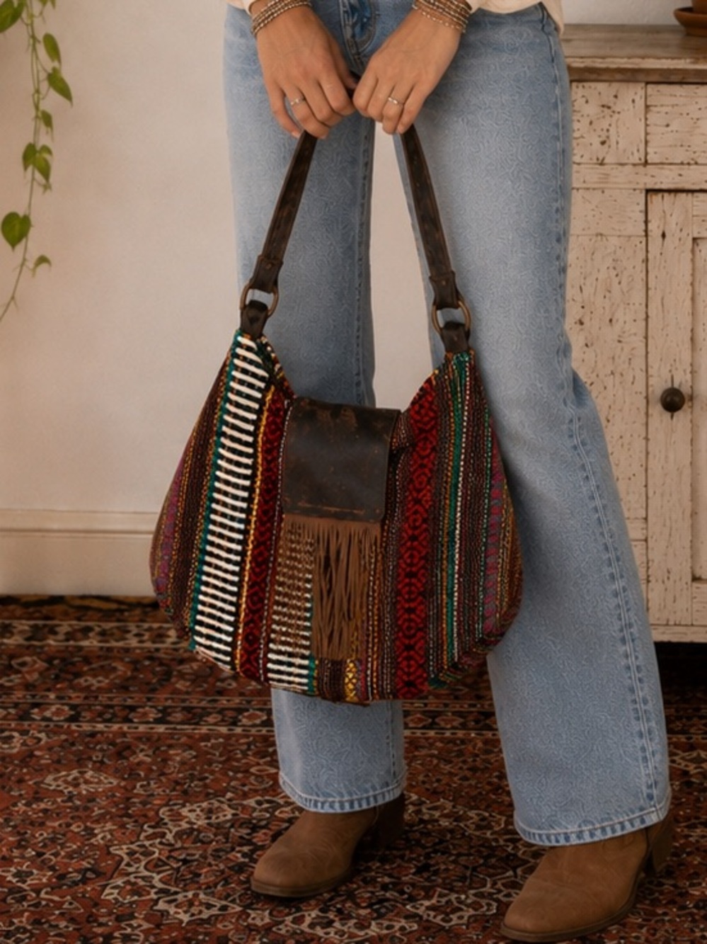 Woven Tapestry Boho Hobo Bag Fringe Multicolor Hippie Shoulder Purse